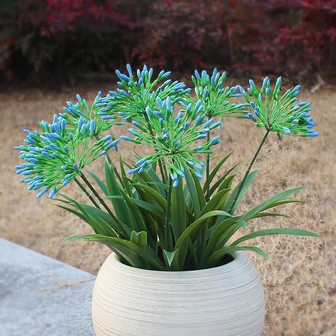Artificial Agapanthus Africanus Fake African Lily Blue Flowers Fake Plants Outdoor Spring Summer Decoration Realistic Faux Greenery for Front Door Porch Planter Decor