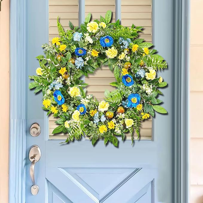 WANNA-CUL 24 Inch Spring Summer Carnation Wreaths for Front Door, Spring Front Door Wreath with Blue &Yellow Flowers Door Wreath with Pomegranates,Daisy for Wedding