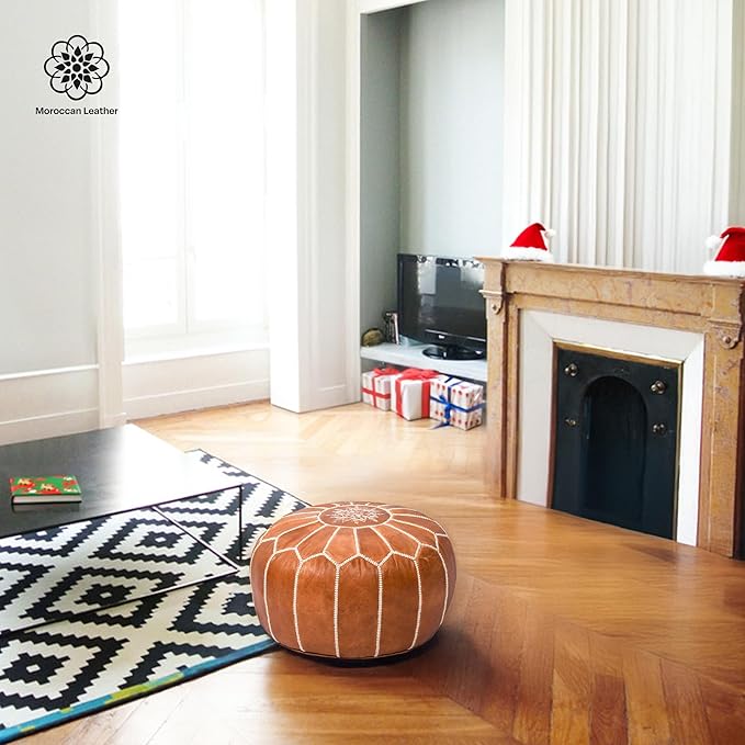 Handmade Moroccan Genuine Leather Pouf Ottoman Cover Unstuffed Foot Stool, Boho Foot Rest Under Desk, Round Ottoman for Living Room, Bedroom - Housewarming & Wedding Gifts