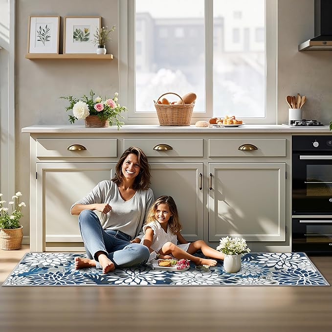 Area Rug 2x6 Blue White Washable Entry Rug Multicolored Tropical Botanical Modern Floral Indoor Kitchen Door Mat Entrance Carpet Non Slip for Bedroom Living Room, Porch