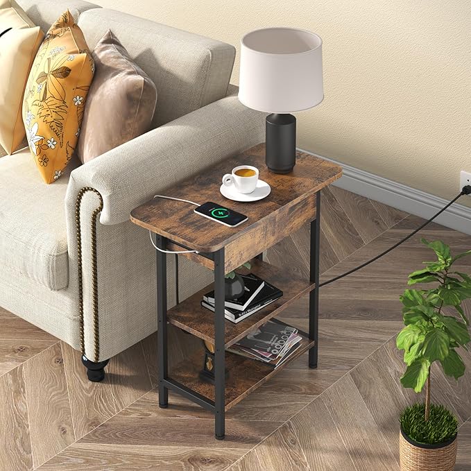 LIDYUK End Table with Charging Station, Flip Top Side Table with USB Ports and Outlets, Nightstand for Small Spaces, Bedside Tables with Storage Shelf for Living Room, Bedroom, Brown