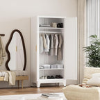 71'' Farmhouse Metal Wardrobe Cabinet with Hanging Rod, 2 Barn Door Wardrobe Closet with 2 Adjustable Shelves,for Dining Room,Bedroom,Living Room, Cloak Room,Office (White)