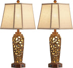 27" Set of 2 Farmhouse Table Lamps for Living Room Bedroom, Rustic Bedside Lamp with USB A+C Ports, Red Brown Resin Vintage Nightstand Lamps with Night Light, 2 Bulbs Include