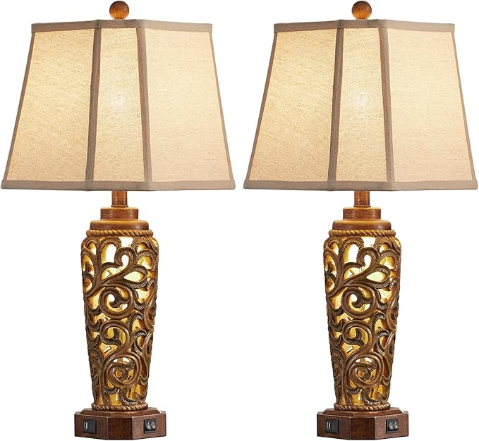 27" Set of 2 Farmhouse Table Lamps for Living Room Bedroom, Rustic Bedside Lamp with USB A+C Ports, Red Brown Resin Vintage Nightstand Lamps with Night Light, 2 Bulbs Include