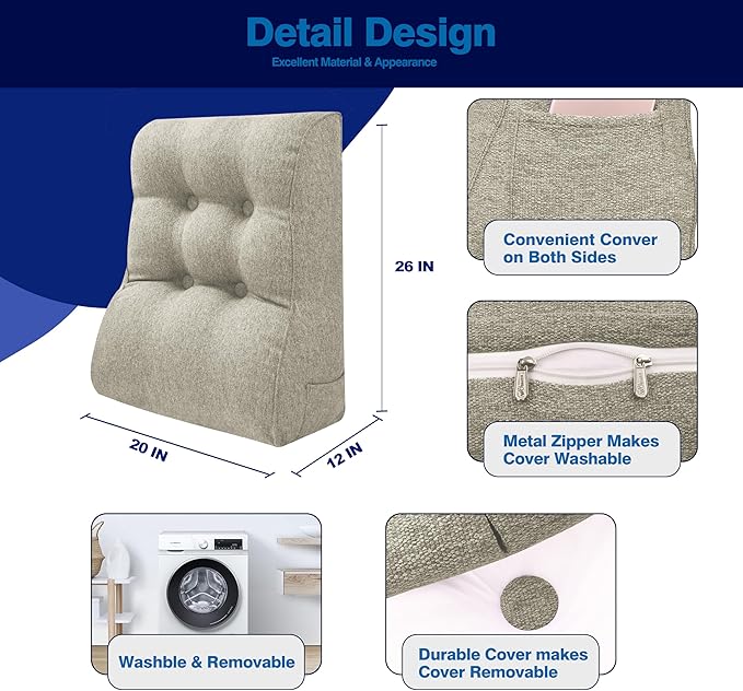 Daneey Reading Pillow for Bed Adult, Back Pillow for Bed Sitting Up, Back Support Pillow for Bed, Wedge Pillow for Neck, Lumbar, Back, 20 * 12 * 26IN, Beige