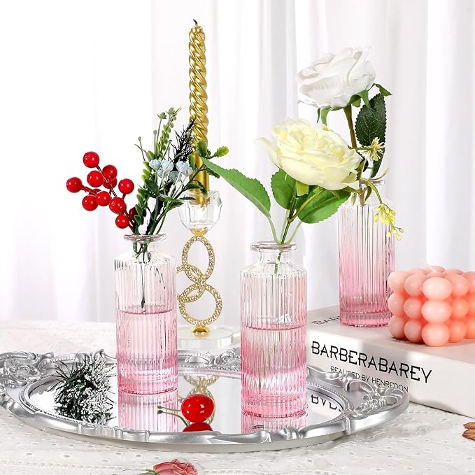 Glass Bud Vases Set of 20, Living Bud Vases, Small Bud Vase in Bulk, Mini Flowers Vases for Centerpiece, Vintage Decorative Vase Set for Table Decorations, Wedding Reception, Home Decor (Pink)