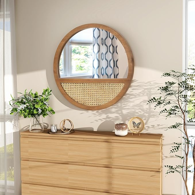 Rattan Round Mirror, 24 Inch Wall Mirror for Living Room Decor, Wooden Framed, Vintage Hanging Mirror, Hand-Woven for Wall Art Decoration