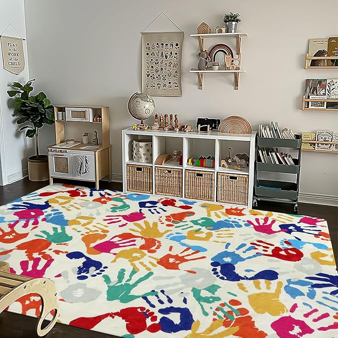 STARUIA Large Kids Rug for Playroom, 8'x10' Handprints and Footprints Colorful Rug for Classroom, Non-Slip Washable Rugs for Nursery, Soft Throw Carpet Indoor Playmat for Kids Room Dorm Bedroom