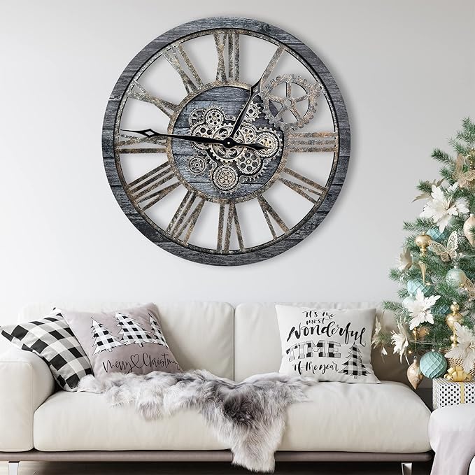 The B-Style Large Real Moving Gears Wall Clock 30 inch Rustic Retro Industrial Farmhouse Wood Clock Oversized Decorative Vintage Wall Clocks for Living Room (Carbon Gray)