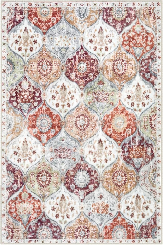 Lahome Moroccan Machine Washable Rugs for Living Room, 4x6 Rug for Bedroom Non-Slip Vintage Trellis Ultra-Thin Throw Carpet for Dining Room Office Nursery, Orange/Terracotta