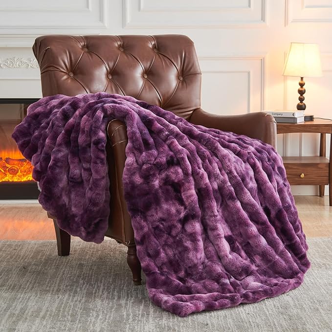 NEWCOSPLAY Faux Fur Twin Blanket Tie-dye Violet Purple Luxury Fluffy Thick Warm Bubble Blanket for Couch Sofa Bed 700GSM (Tie-dye Violet Purple, Twin(60"x80"))