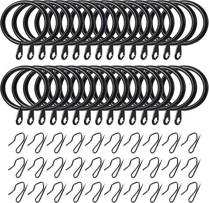 Hotop 60 Pieces 1.65 Inch Metal Drapery Curtain Rings Curtain Hanging Rings and 60 Pieces Metal Drapery Pin Hooks for Drapes Window Door Shower (Black)