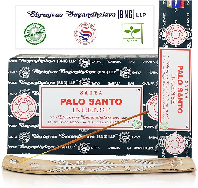Satya Nag Champa Palo Santo Incense Sticks, Satya Bng (Bangalore) Insenses 15gmx12 Pack with Raajsee Incense Holder Bundle, Nag Champa Natural Incense