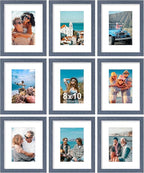 Vittanly 8x10 Picture Frames Set of 9, Shatter Resistant Plexiglass, Display 5x7 Pictures with Mat or 8x10 without Mat, Photo Frames for Wall or Tabletop, Engineered Wood, Navy