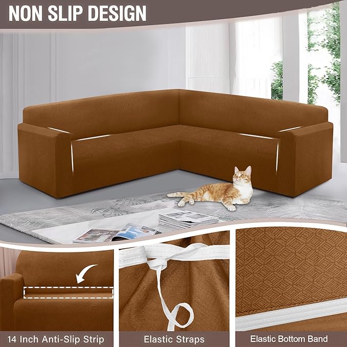 HDCAXKJ Sectional Couch Cover L Shape Stretch Sofa Covers Washable Jacquard Corner Couch Slipcover Non Slip Sectional Slip Cover U Shaped Furniture Protector for Pets Dogs (Caramel, Medium)