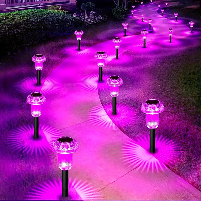 Halloween Solar Lights Outdoor 16 Pack Pink Purple LED Waterproof Mushroom Outside Lights for Yard Garden Patio Pathway Walkway Landscape Halloween Decorations