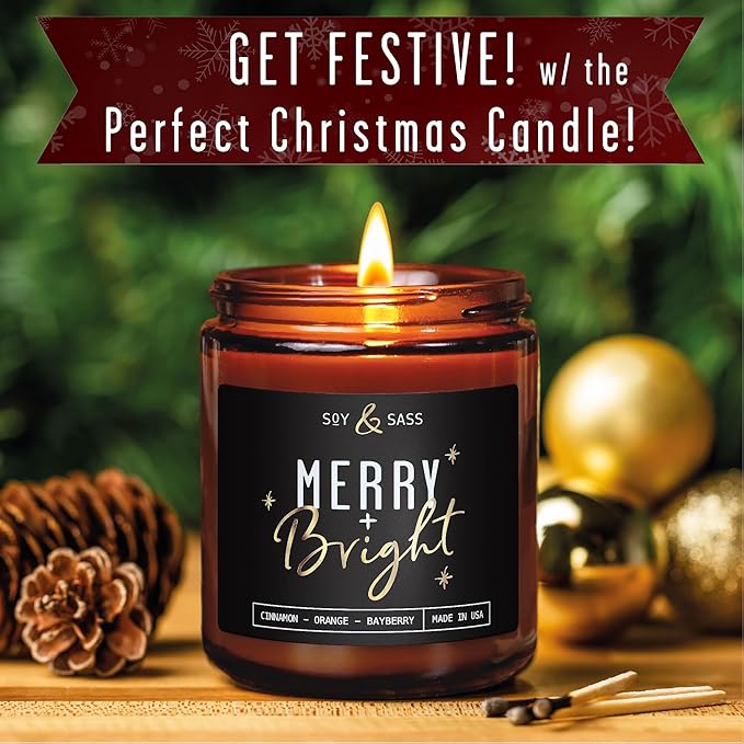 Christmas Candles Scented – ‘Merry & Bright’ Soy Christmas Candle, w/Cranberries, Cinnamon & Orange - Infused with Essential Oils I Holiday Candles I 9oz, 50Hr, Made in USA