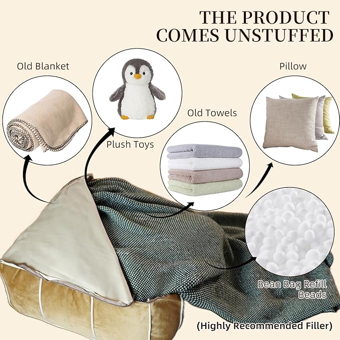 Unstuffed Pouf Cover Ottoman Footrest Animal Foot Stool Floor Bean Bag Floor Chair Storage for Living Room Bedroom Home Decor (Brown, 20 x 20 x 8 Inches Sqaure)