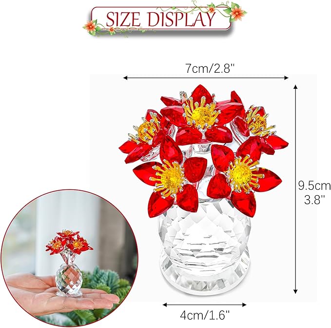 Crystal Red Flower Figurine with Base Glass Flower Figurine Collectibles Gifts for Women Mum Crystal Decoration for Home Office
