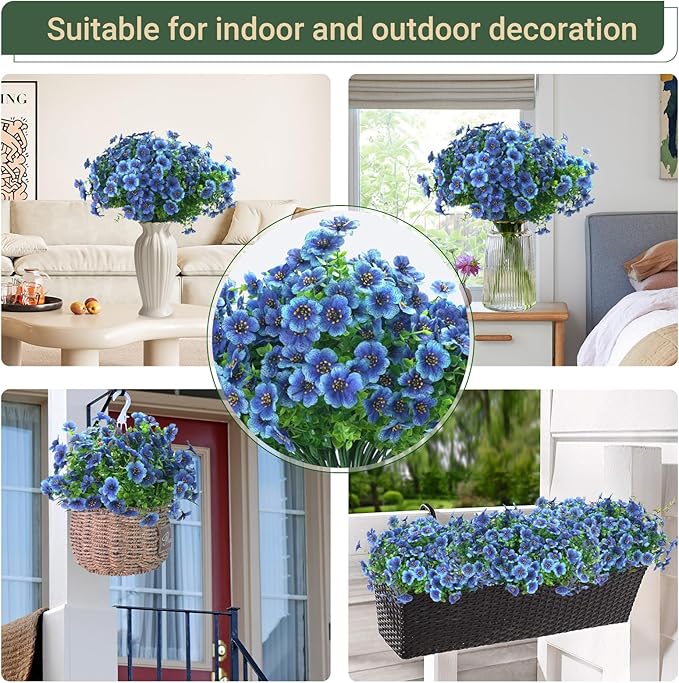 24 Bundles Artificial Flowers for Outdoors & Indoors – UV Resistant Faux Plastic Plants for Garden, Patio, Porch, Window Box, Home Decor – Lush & Vibrant Fake Flowers, Blue