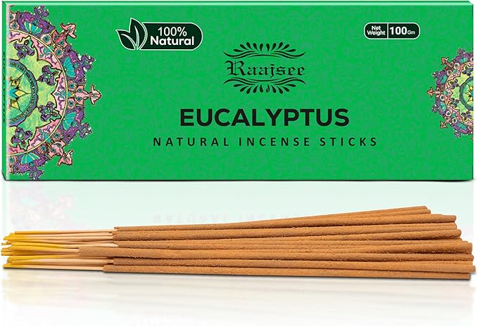 Raajsee Incense Sticks Eucalyptus 100 gm Pack-100% Pure Organic Natural Hand Rolled Free from Chemicals-Perfect for Church, Aromatherapy,Relaxation,Meditation,Positivity & Sensual Therapy