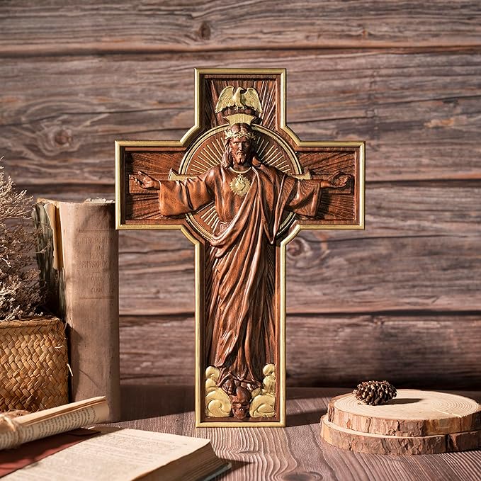 BGCOPPER Wooden Crucifix Wall Cross Catholic Handmade Orthodox Jesus Cross for Wall Decor Easter Christmas Gift