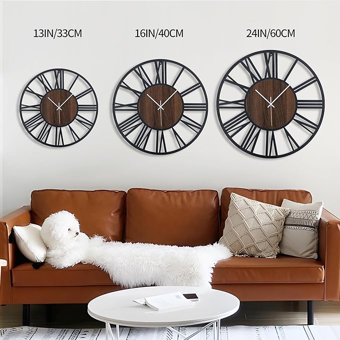 LEIKE Large Wall Clocks,Silent,Non Ticking,Battery Operated Rustic Round Modern Big Wood Wall Clock for Living Room, Bedroom,Kitchen,Farmhouse,Office,Home Decor-16 Inch(Black-Roman Numerals)