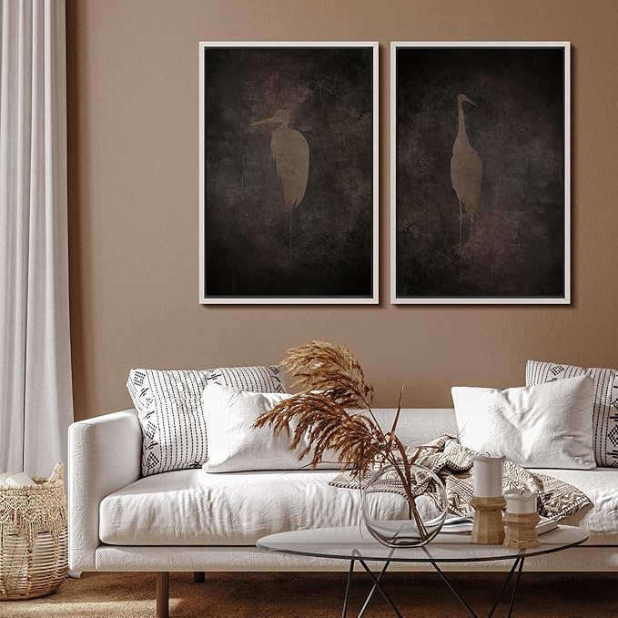 SIGNFORD Framed Canvas Print Wall Art Set Abstract Crane Silhouettes Vintage Dark Tones Illustration Modern Art Decorative Nordic Nature for Living Room, Bedroom, Office - 16"x24"x2 White
