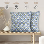 Ridhi Light Steel Blue Block Print Cotton Throw Pillow Covers for Decorative Couch Pillows for Living Room, Chic Boho Cute Outdoor Valentine Pillows Covers Gifts 18x18 Inches