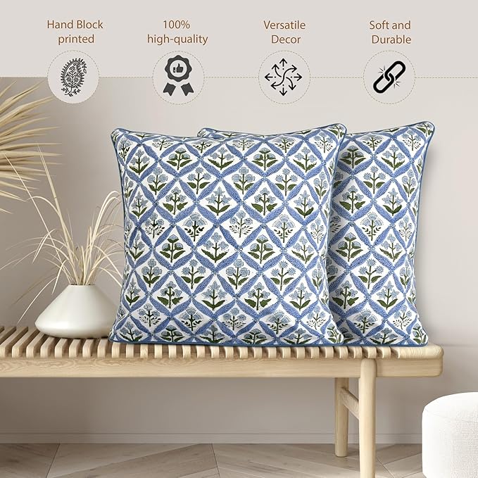 Ridhi Light Steel Blue Cotton Canvas Throw Pillow Covers for Decorative Couch Pillows for Living Room, Chic Boho Cute Outdoor Thanksgiving Pillows Covers Gifts 24x24 Inches