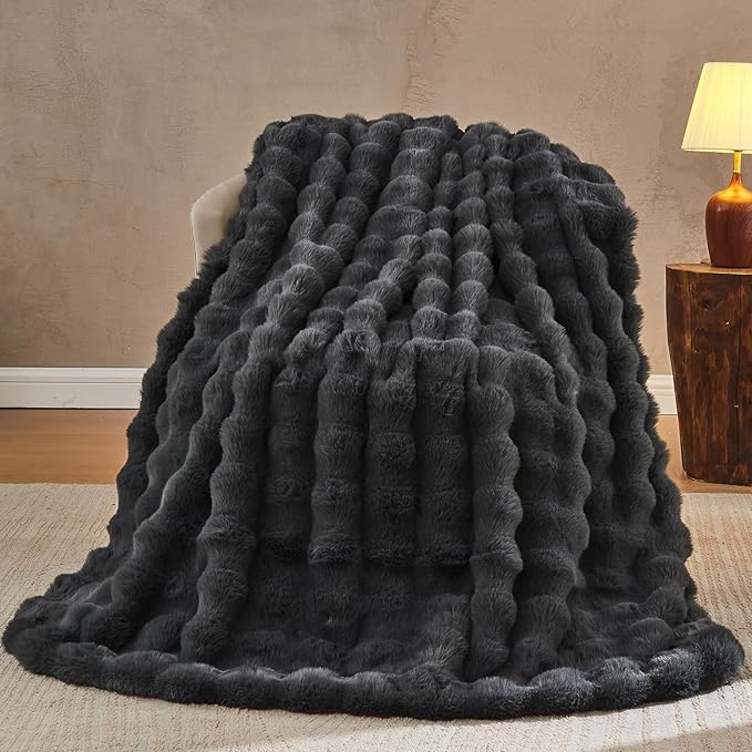 Lotus Karen Faux Fur Blanket Dark Gray Twin Size - Big Bubble Rabbit Fluff Throws for Couch Small Fluffy Fuzzy Cozy Thick Furry Plush Shaggy Blankets 60x80 Inches