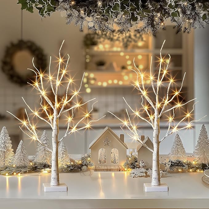 PABIPABI Christmas Decorations 2 Pack Lighted Birch Tree, Artificial Tree with 24 LED Warm White Lights Battery Powered Timer Room Decor, Tabletop Ceterpieces Trees for Home Party Wedding Decor (2FT)