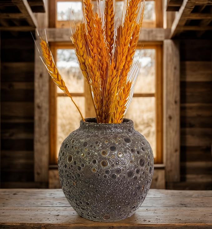 Rustic Pottery Ceramic Vase - Vintage Farmhouse Style Decor, White Grid Ceramic Vases for Home Decor, Modern Farmhouse Decor (Black and brown)