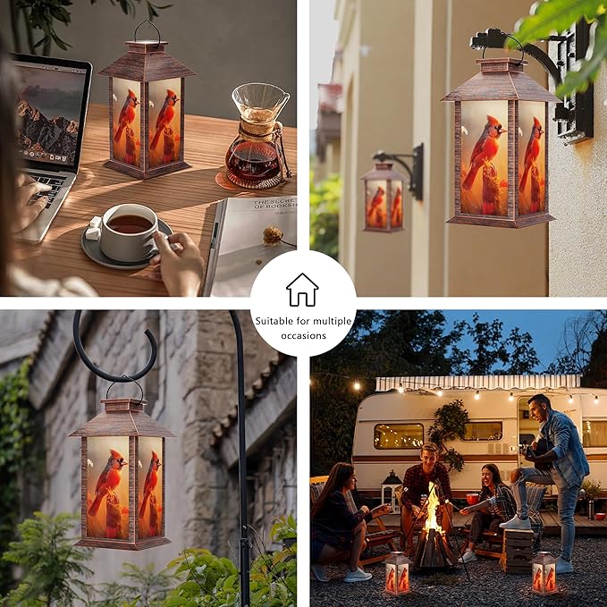 Solar Lanterns Outdoor, Waterproof Cardinal Garden Hanging Lanterns with LED Flickering Flameless Candles, Lantern Decor Birthday Gifts for Women Mom Grandma
