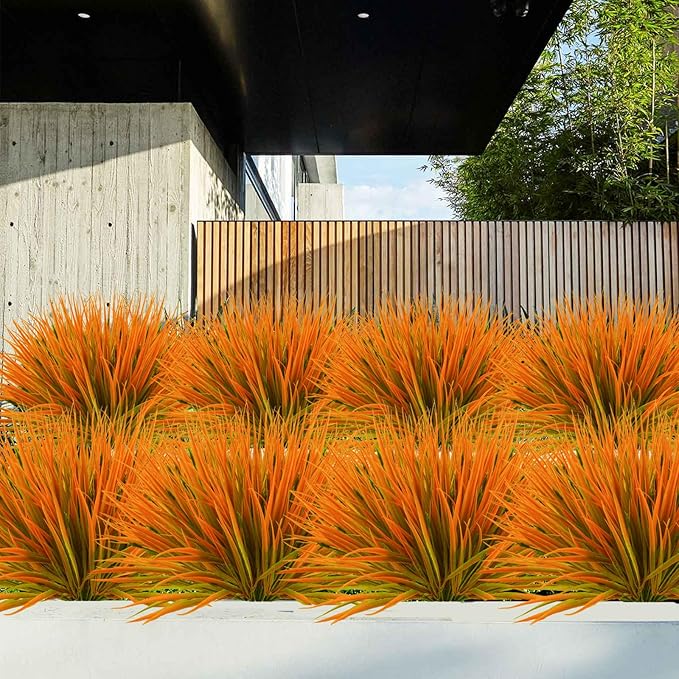 Krissing 40 Bundles Artificial Fall Grass Plant Outdoor UV Resistant Fake Faux Grass Outdoor Fall Faux Plants Greenery Shrubs for Home Garden Porch Outside Fall Decor