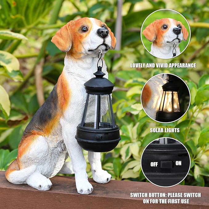Solar Dog Statue Outdoor Decor - Beagle Dog Statue With Solar Lights for Patio, Lawn & Garden, Housewarming Gift
