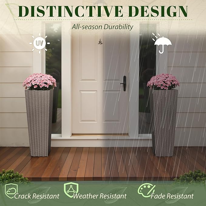 JUMMICO Set of 2 Resin Rattan Tall Planters for Outdoor Plants, Large Tapered Planters with Drainage Holes&Inner Trays, Flower Pots for Garden, Patio, Porch, Backyard (Brown, 32'')