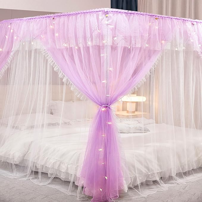 VETHIN 4 Corners Post Ruffle Princess Bed Canopy Curtain-Double Layer Cozy Drape Netting 4 Opening Mosquito Net for Girls Adults Bedroom Decoration (Double-Purple, 47" W*78" L*82" H/Twin)