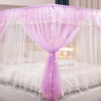 VETHIN 4 Corners Post Ruffle Princess Bed Canopy Curtain-Double Layer Cozy Drape Netting 4 Opening Mosquito Net for Girls Adults Bedroom Decoration (Double-Purple, 47" W*78" L*82" H/Twin)