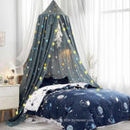 Space Rockets Print Kids Bed Canopy, Girls Princess Canopy Dreamy Room Decor, Soft Hanging Reading Nook Play Tent Canopy, Extra Large Full Size Bed Canopy with String Light