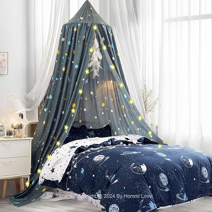 Space Rockets Print Kids Bed Canopy, Girls Princess Canopy Dreamy Room Decor, Soft Hanging Reading Nook Play Tent Canopy, Extra Large Full Size Bed Canopy with String Light