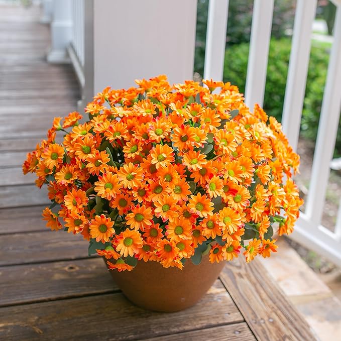 Daisy Artificial Flowers for Outdoors Fall Autumn Decoration, 6 Bundles Fake Mums Orange Silk Flowers for Outside Look Real UV Resistant Fake Plants Faux Flowers for Planter Front Door Home Indoor Urn