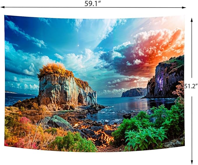 Delur Coastal Ocean Beach Tapestry Tropical Forest Tree Sunrise Sea Landscape Tapestry Wall Hanging Wave Sunset Nature Colorful Spiritual Headboard for Bedroom Living Room Home Decor (51.2" x 59.1")
