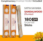 Satya Sandalwood Incense Sticks 180 gm (15GM X 12 Pack) from Satya Sai Baba Nag Champa and Raajsee Incense Sticks Holder Bundle, Free from Chemicals,Natural Insenses