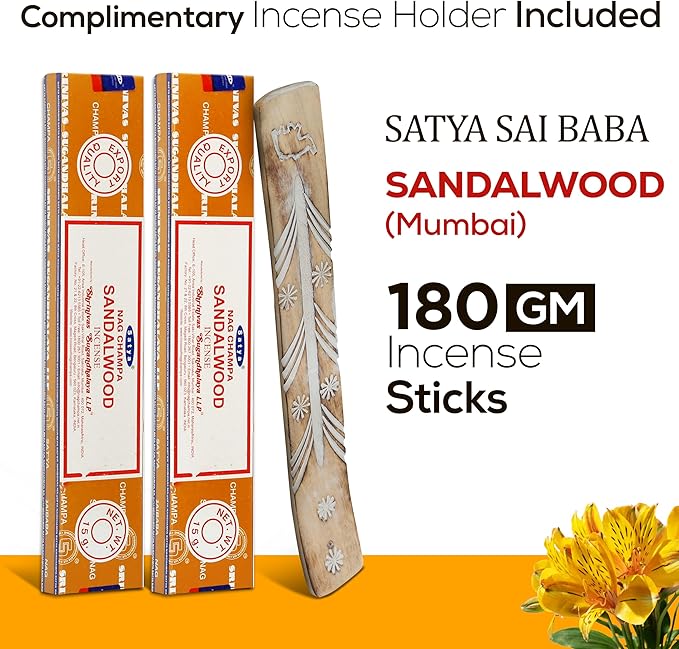 Satya Sandalwood Incense Sticks 180 gm (15GM X 12 Pack) from Satya Sai Baba Nag Champa and Raajsee Incense Sticks Holder Bundle, Free from Chemicals,Natural Insenses
