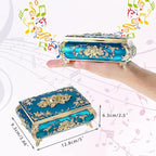 ELLDOO Vintage Music Box, Blue Metal Musical Jewelry Box Keepsake Box, Small Trinket Jewelry Storage Box Gift for Girl Women (Tune: You are My Sunshine)