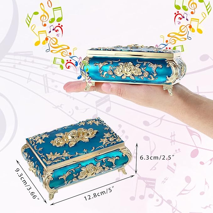 ELLDOO Vintage Music Box, Blue Metal Musical Jewelry Box Keepsake Box, Small Trinket Jewelry Storage Box Gift for Girl Women (Tune: You are My Sunshine)