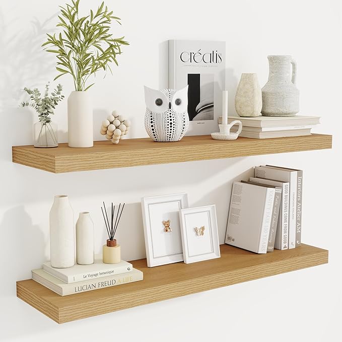 Fun Memories 36 Inch Deep Floating Shelves for Wall, 2 Pack of Wall Mounted Wood Shelves with Invisible Brackets for Bathroom, Bedroom, Living Room, Kitchen Decor and Storage, Oak