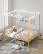VEVOR Canopy Bed Frame Full Size, Metal Canopy Bed with Minimalist Headboard & Four Posters Design, Heavy Duty Steel Slats Support, Underbed Storage Space, No Box Spring Needed, Easy Assembly, Gold