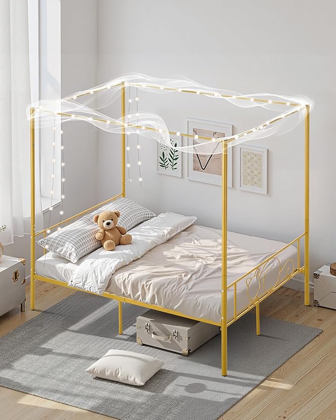 VEVOR Canopy Bed Frame Full Size, Metal Canopy Bed with Minimalist Headboard & Four Posters Design, Heavy Duty Steel Slats Support, Underbed Storage Space, No Box Spring Needed, Easy Assembly, Gold